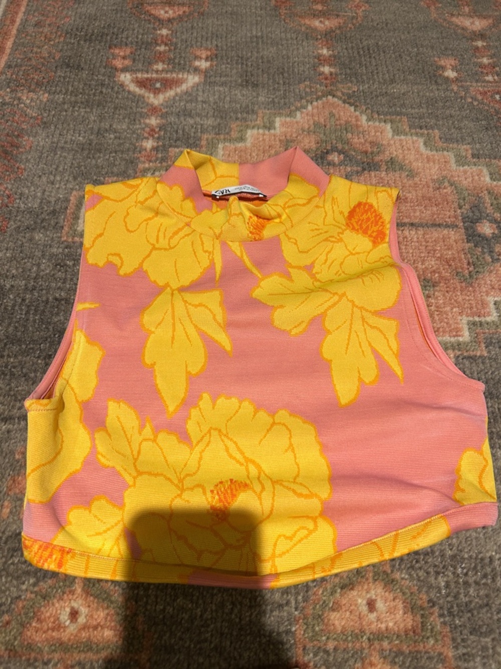 Zara Pink & Yellow Floral Sleeveless Crop Top